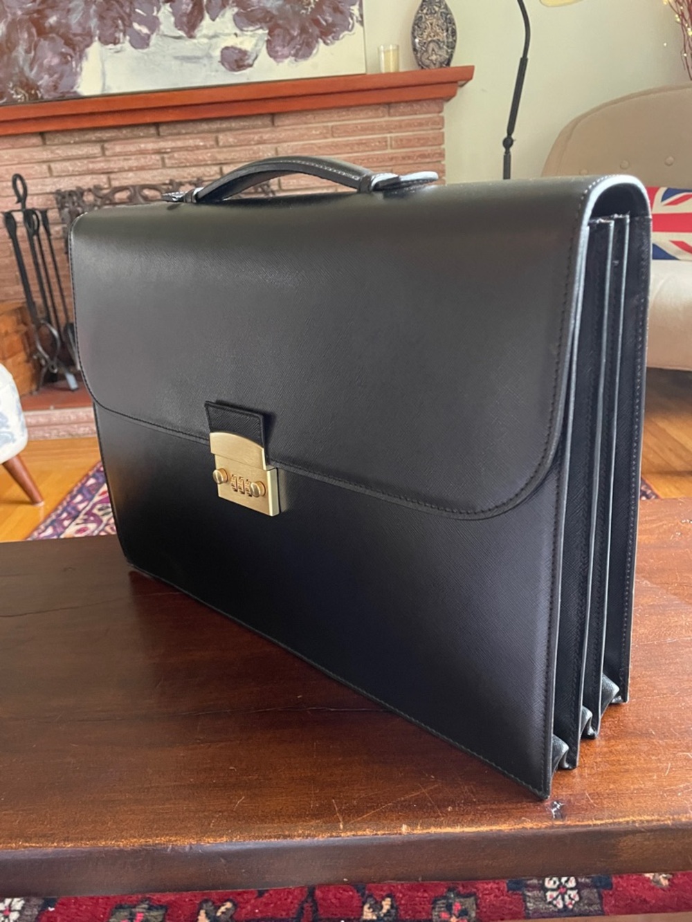 Classic Black Leather Briefcase with Gold Hardware - Men